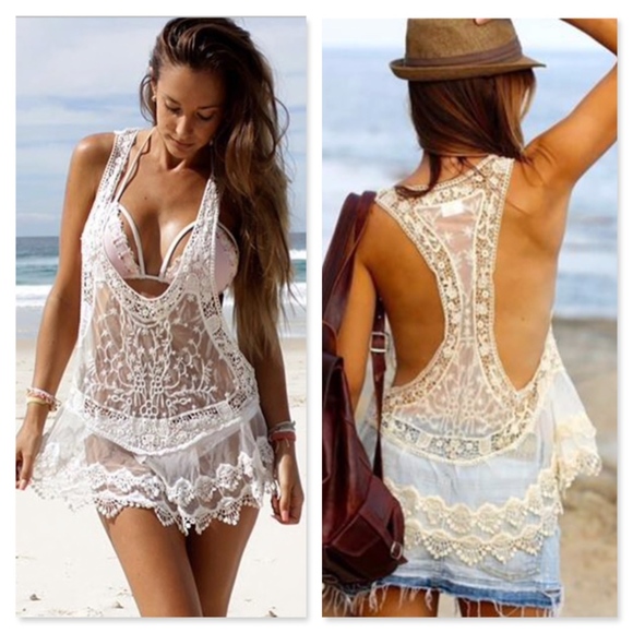 Crochet Mesh Lace Beach Coverup Top Boho Tank - Picture 2 of 16